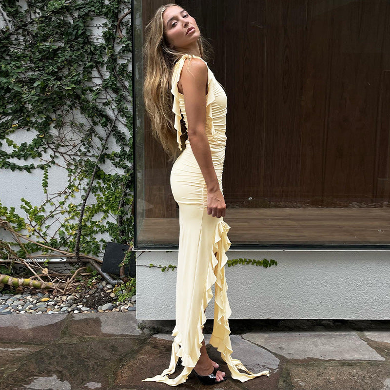 Sleeveless Wrap Buttocks Ruffled Dress