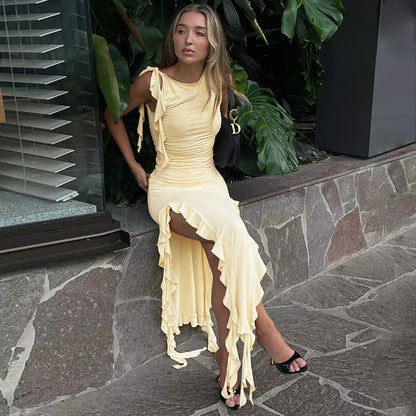Sleeveless Wrap Buttocks Ruffled Dress