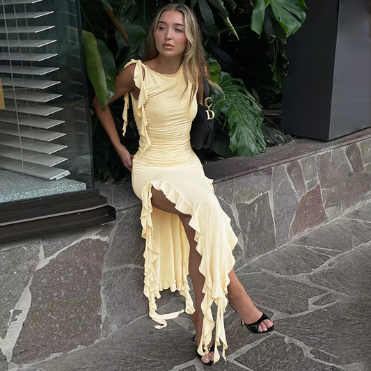Sleeveless Wrap Buttocks Ruffled Dress